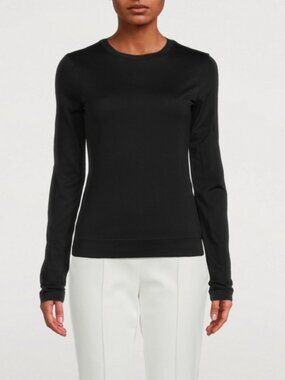 Theory Tiny Tee Long Sleeve Crew Neck Black Rib Knit Top Fitted